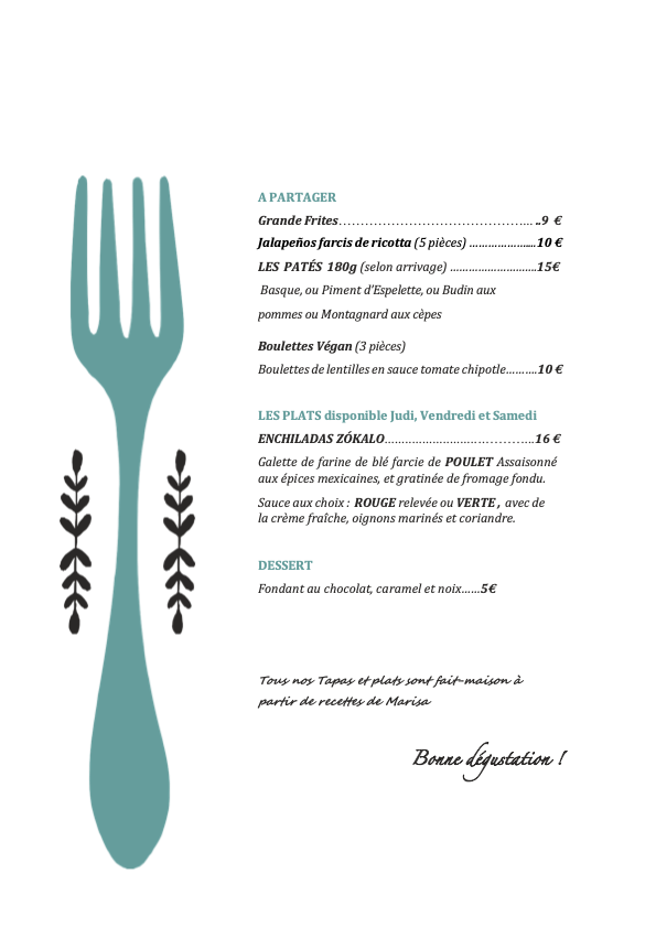 Carte de notre cuisine mexicaine à Paris 20